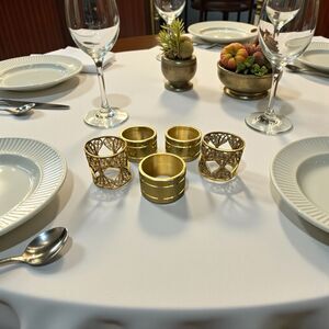 3 Baldwin Napkin Rings Ribbed Pinstripe Heavy + 2 Misc wire rings
